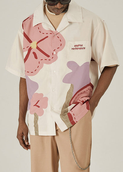 Loose Beige Print Button Cotton Shirt Summer