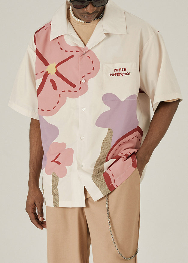 Loose Beige Print Button Cotton Shirt Summer