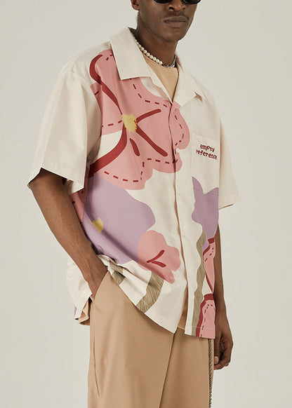 Loose Beige Print Button Cotton Shirt Summer