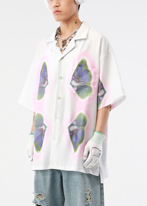 Loose Beige Print Button Cotton Shirts Summer