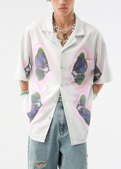 Loose Beige Print Button Cotton Shirts Summer