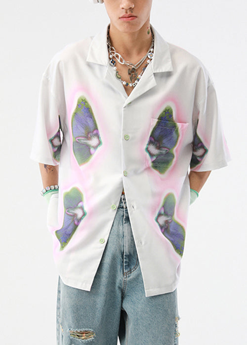 Loose Beige Print Button Cotton Shirts Summer
