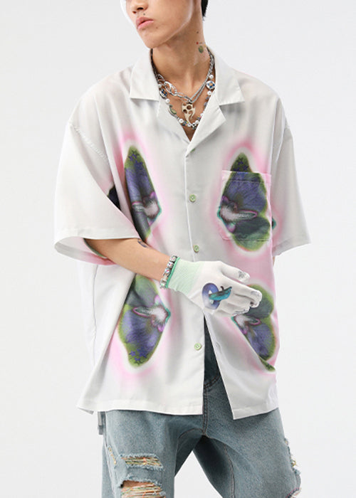Loose Beige Print Button Cotton Shirts Summer