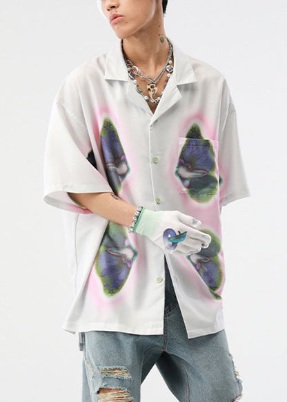 Loose Beige Print Button Cotton Shirts Summer
