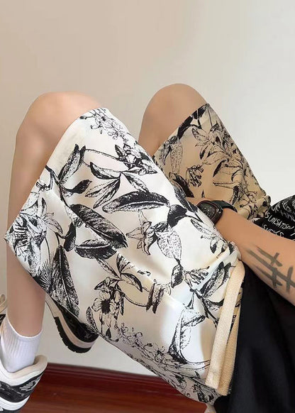 Loose Beige Print Elastic Waist Ice Silk Shorts Summer