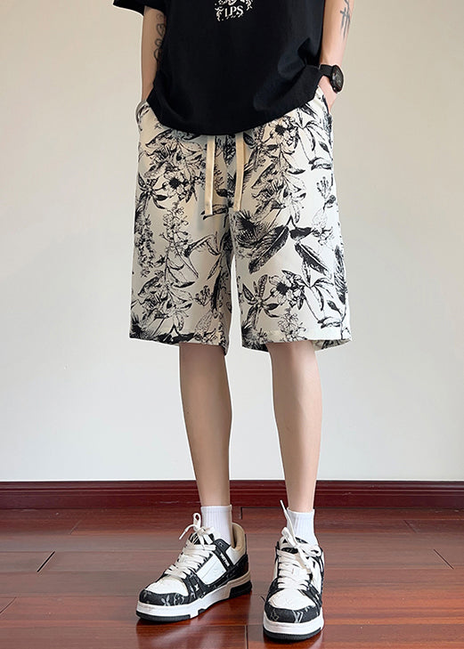 Loose Beige Print Elastic Waist Ice Silk Shorts Summer