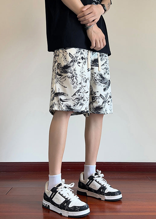 Loose Beige Print Elastic Waist Ice Silk Shorts Summer