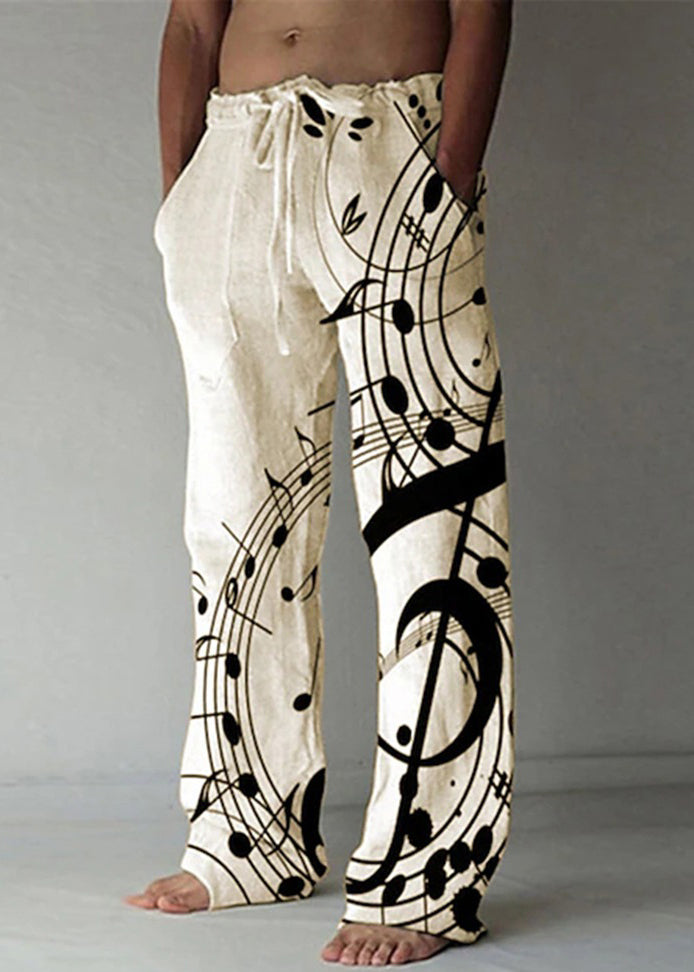 Loose Beige Print Elastic Waist Linen Pants Summer