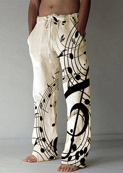 Loose Beige Print Elastic Waist Linen Pants Summer