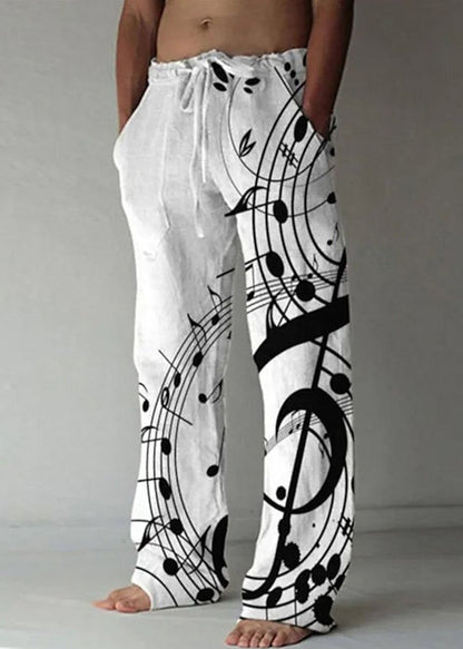 Loose Beige Print Elastic Waist Linen Pants Summer