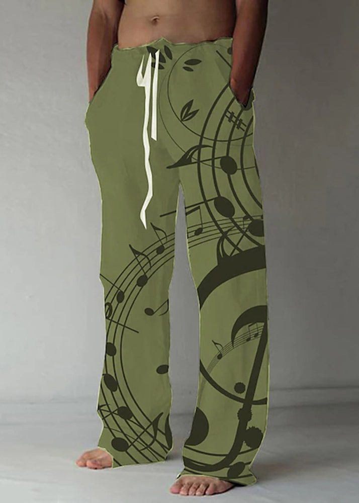 Loose Beige Print Elastic Waist Linen Pants Summer