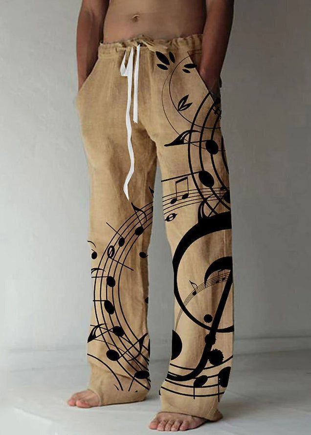 Loose Beige Print Elastic Waist Linen Pants Summer