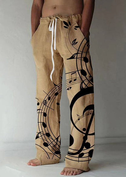 Loose Beige Print Elastic Waist Linen Pants Summer