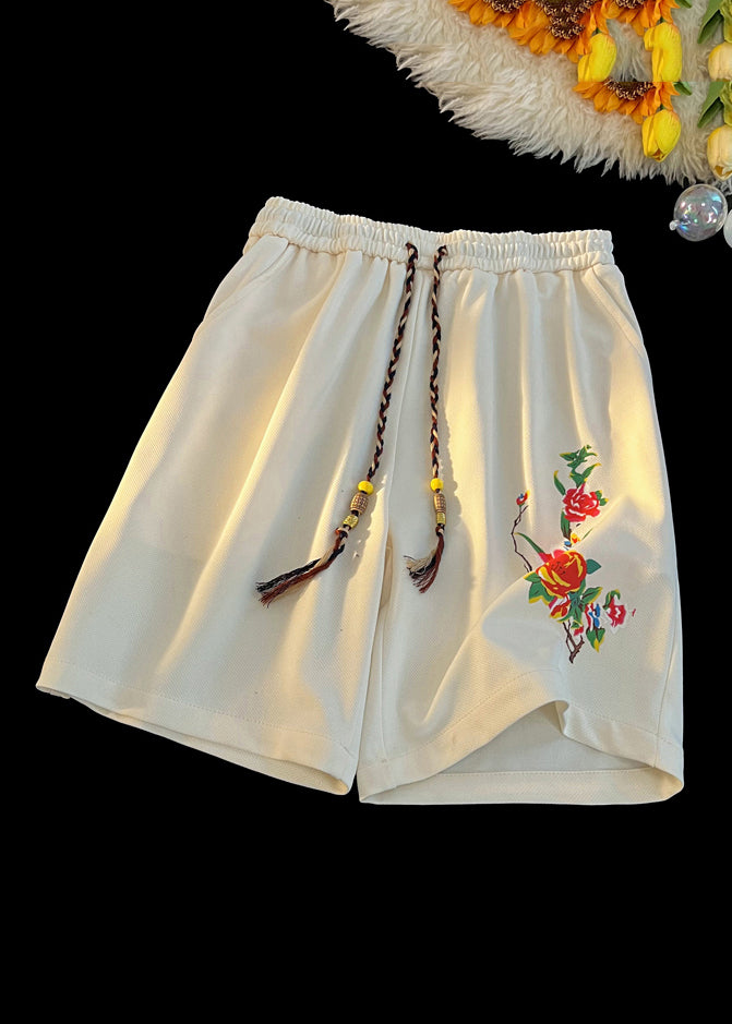 Loose Beige Print Pockets Lace Up Cotton Beach Shorts Summer