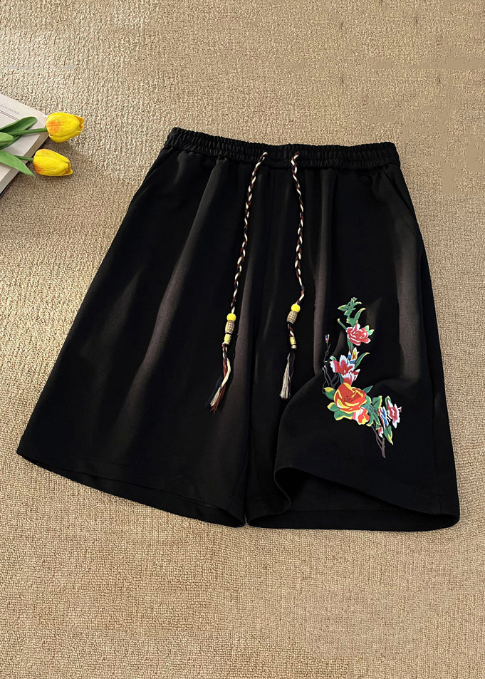 Loose Beige Print Pockets Lace Up Cotton Beach Shorts Summer