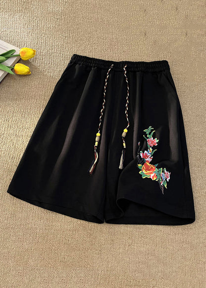 Loose Beige Print Pockets Lace Up Cotton Beach Shorts Summer