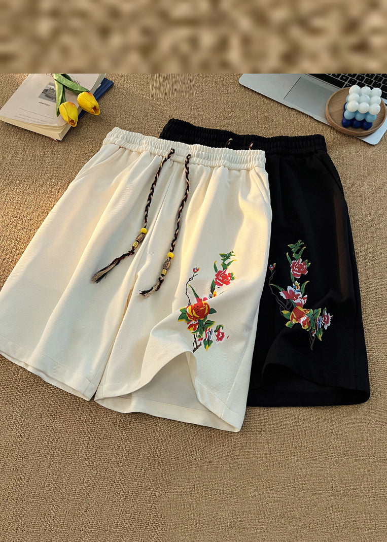 Loose Beige Print Pockets Lace Up Cotton Beach Shorts Summer