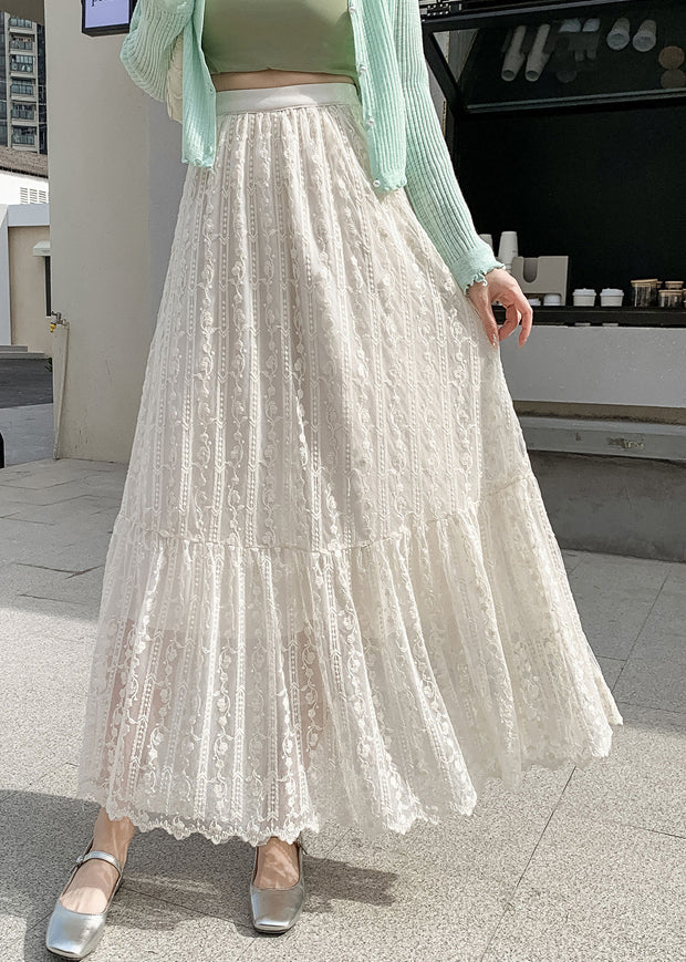 Loose Beige Elastic Waist Lace Skirts Fall