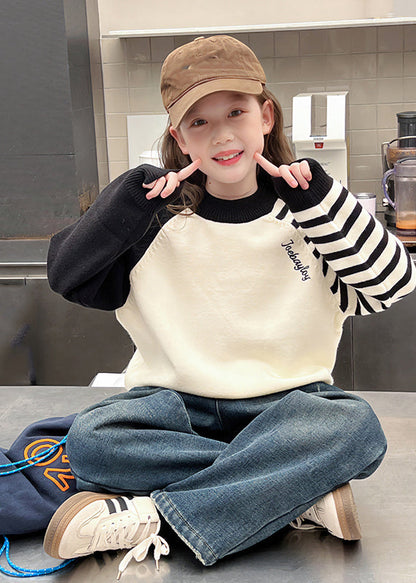Loose Beige Turtleneck Striped Patchwork Cotton Knit Sweaters Spring