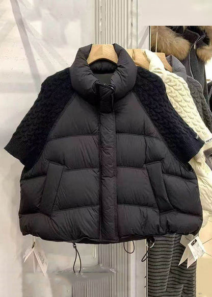 Loose Beige Zip Up Drawstring Knit Patchwork Duck Down Down Coats