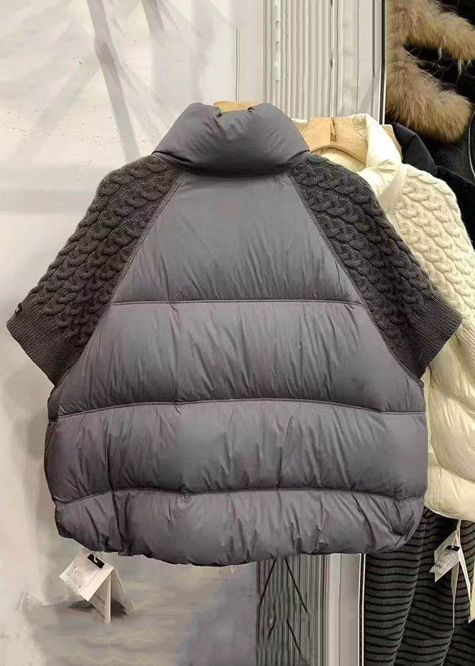 Loose Beige Zip Up Drawstring Knit Patchwork Duck Down Down Coats