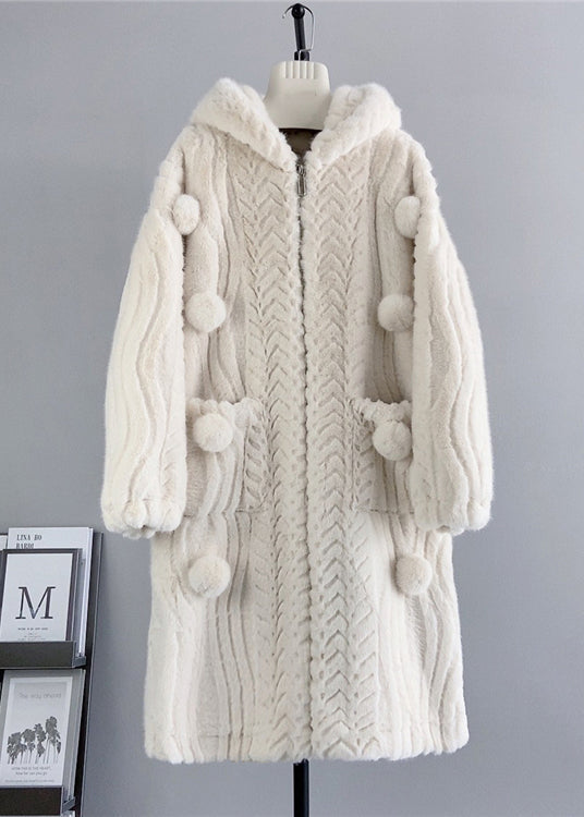 Loose Beige Zip Up Fuzzy Ball Decorated Mink Velvet Hoodie Coat Winter