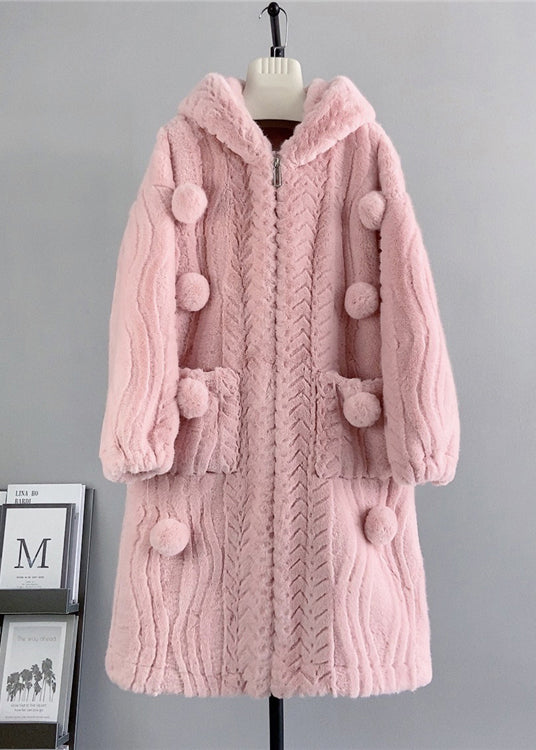 Loose Beige Zip Up Fuzzy Ball Decorated Mink Velvet Hoodie Coat Winter