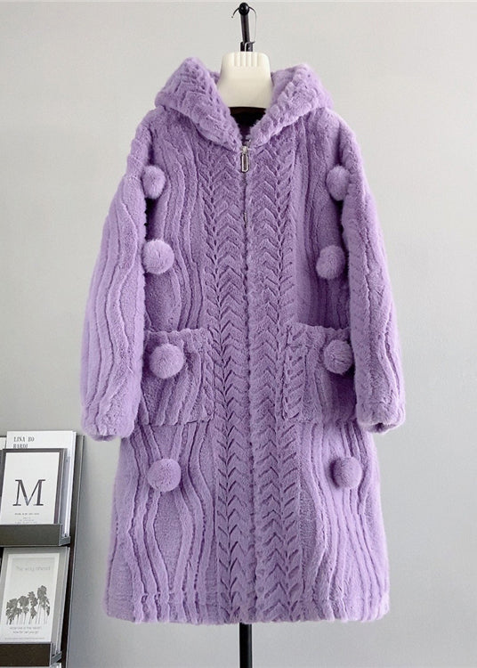 Loose Beige Zip Up Fuzzy Ball Decorated Mink Velvet Hoodie Coat Winter