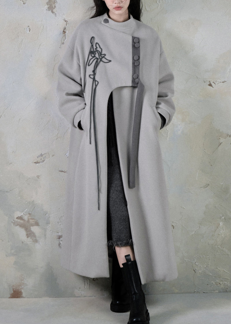 Loose Black Asymmetrical Button Pockets Long Coats Spring
