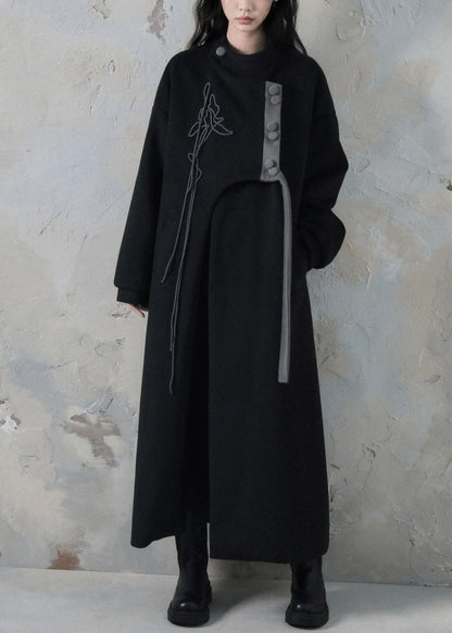 Loose Black Asymmetrical Button Pockets Long Coats Spring