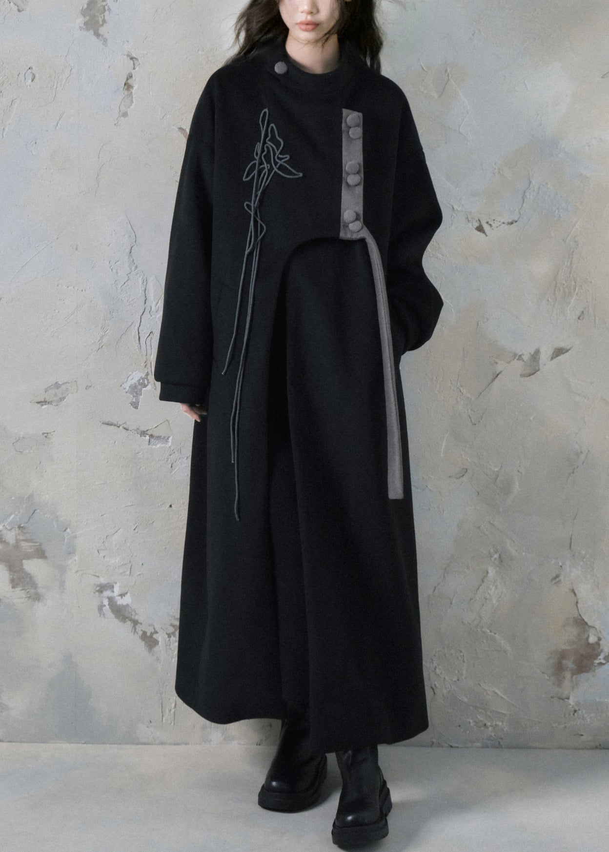 Loose Black Asymmetrical Button Pockets Long Coats Spring