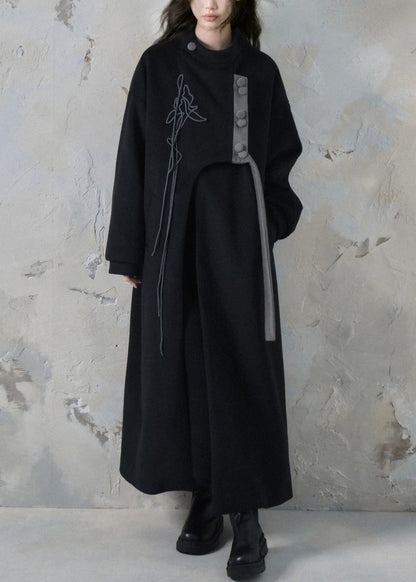 Loose Black Asymmetrical Button Pockets Long Coats Spring