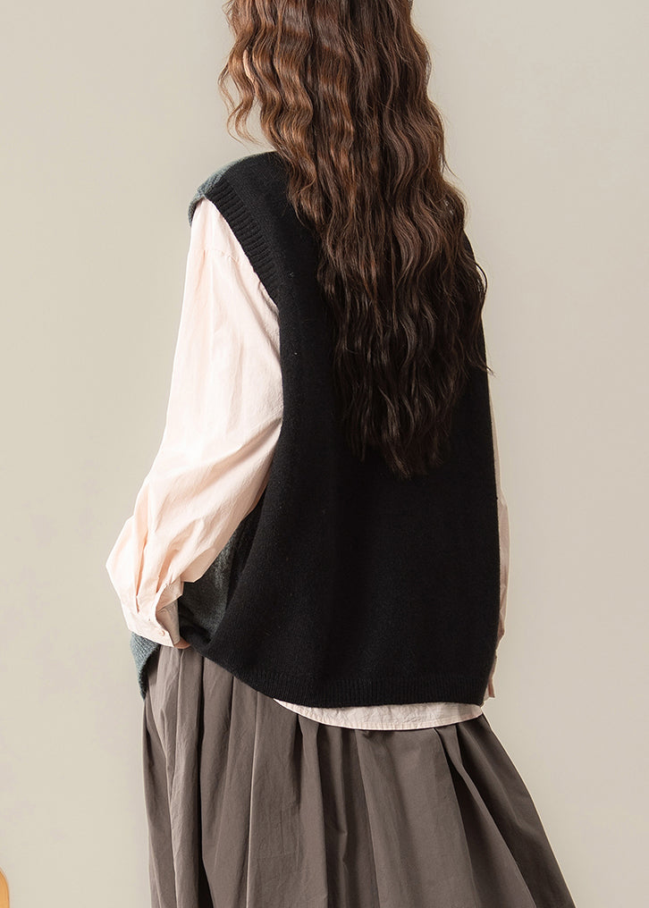 Loose Black Asymmetrical Patchwork Knit Vest Top Sleeveless
