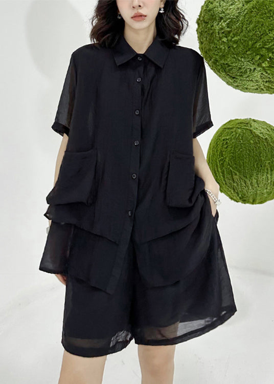 Loose Black Asymmetrical Patchwork Shirts and Shorts Cotton Two Pieces Set Summer