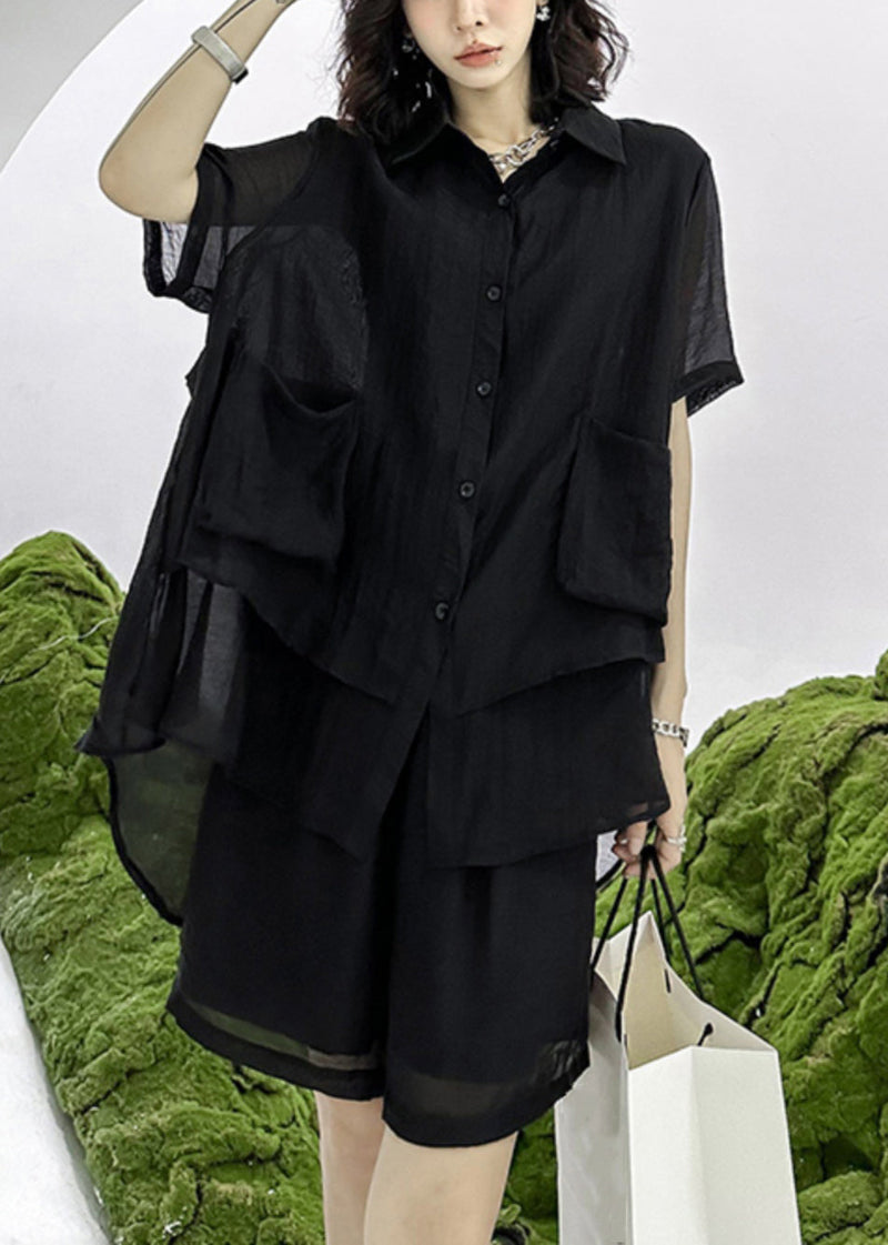 Loose Black Asymmetrical Patchwork Shirts and Shorts Cotton Two Pieces Set Summer