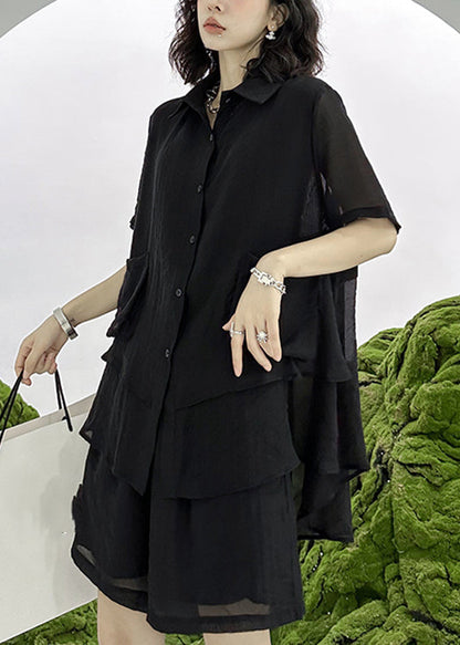 Loose Black Asymmetrical Patchwork Shirts and Shorts Cotton Two Pieces Set Summer
