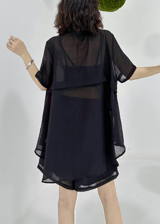 Loose Black Asymmetrical Patchwork Shirts and Shorts Cotton Two Pieces Set Summer