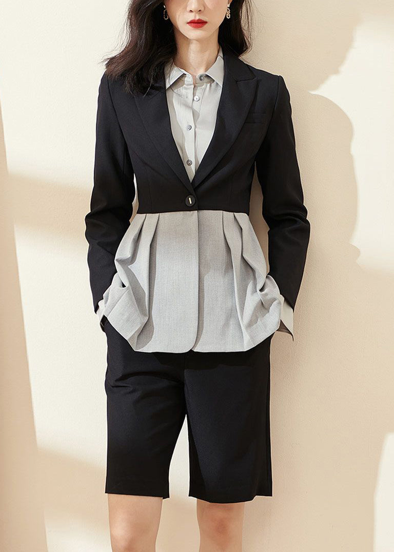 Loose Black Asymmetrical Patchwork Shirts and Shorts Two Pieces Sets Long Sleeve