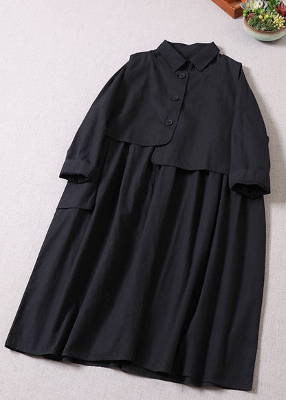 Loose Black Asymmetrical Pockets Cotton Two Pieces Set Dress + Vest Spring