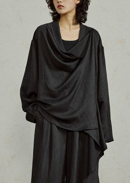 Loose Black Asymmetrical Solid Top Tops Fall