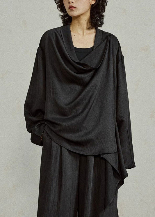 Loose Black Asymmetrical Solid Top Tops Fall