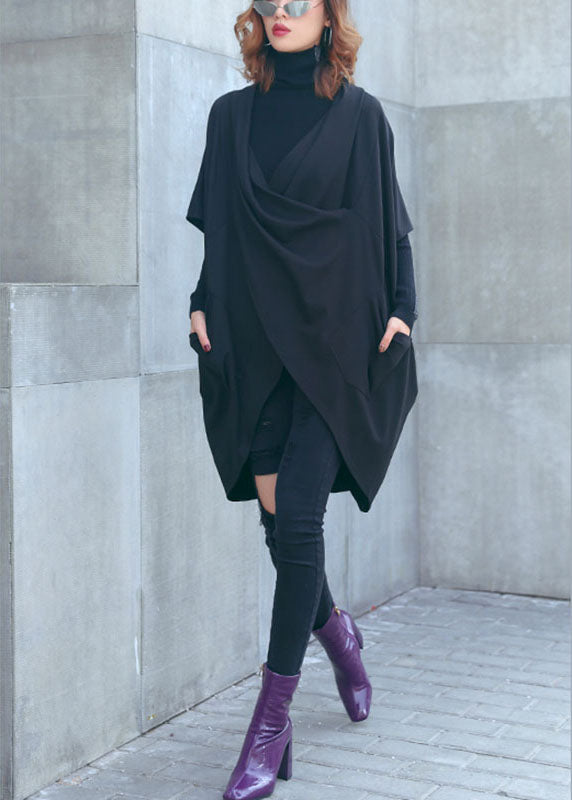 Loose Black Bat Wing Sleeve Pockets Asymmetrical Design Fall Tops