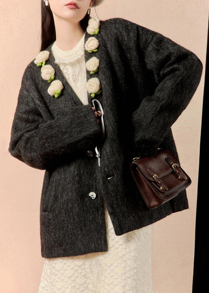 Loose Black Button Patchwork Woolen Coat Winter