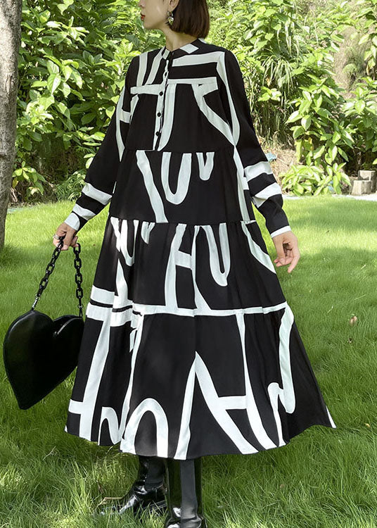 Loose Black Button Patchwork Print Fall Long Sleeve Long Dresses