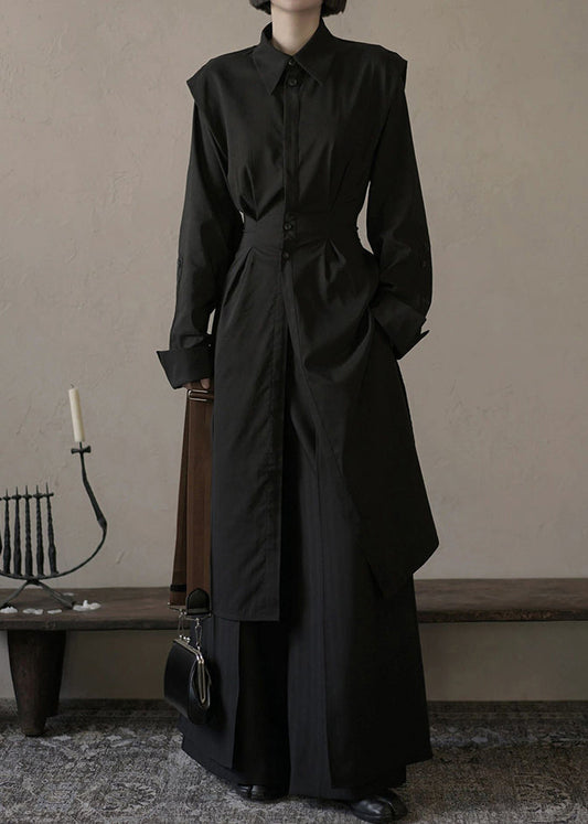 Loose Black Button Shirts and Wide Leg Pants Cotton Two Pieces Set Spring