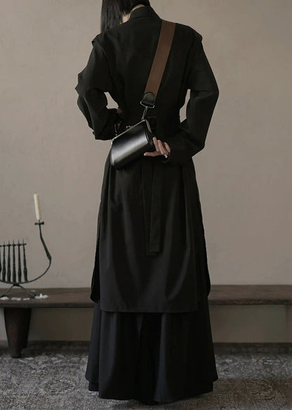 Loose Black Button Shirts and Wide Leg Pants Cotton Two Pieces Set Spring