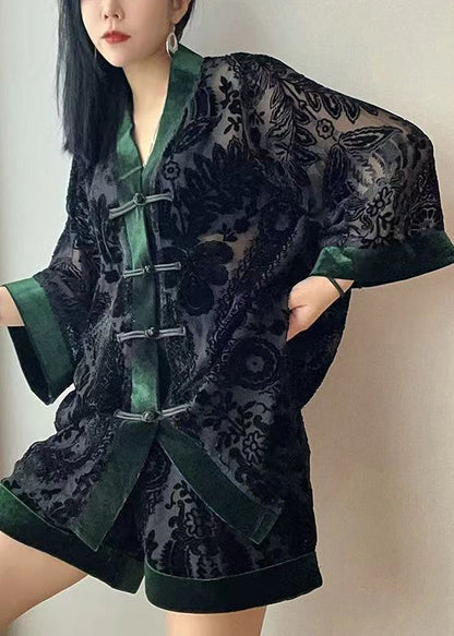 Loose Black Chinese Button Patchwork Tops and Shorts Velour Two Pieces Set Bracelet Sleeve