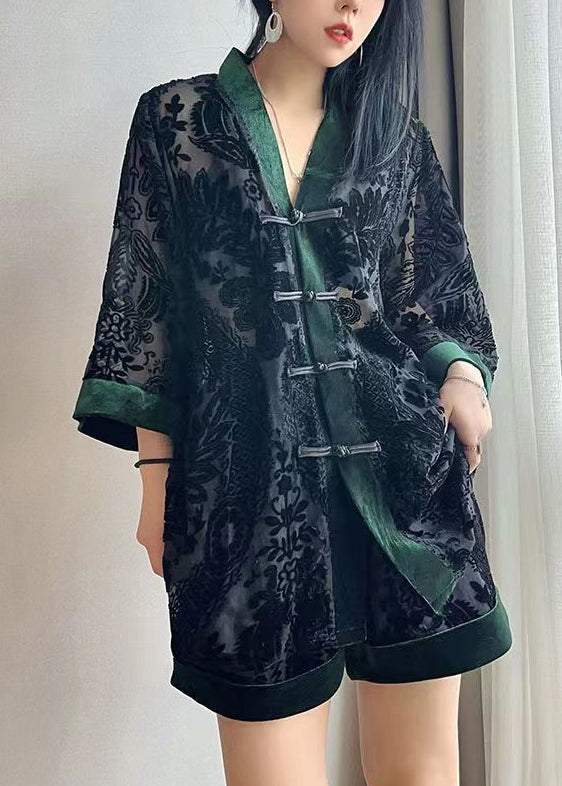 Loose Black Chinese Button Patchwork Tops and Shorts Velour Two Pieces Set Bracelet Sleeve