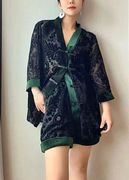 Loose Black Chinese Button Patchwork Tops and Shorts Velour Two Pieces Set Bracelet Sleeve