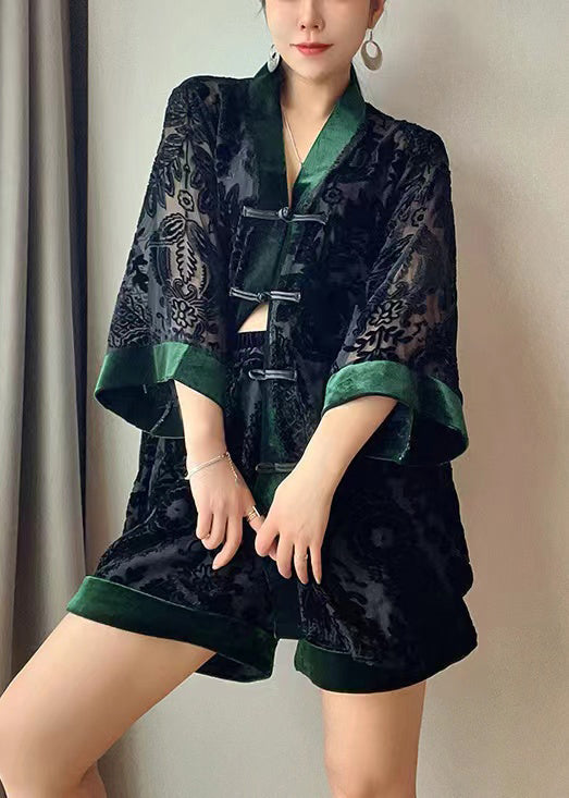 Loose Black Chinese Button Patchwork Tops and Shorts Velour Two Pieces Set Bracelet Sleeve